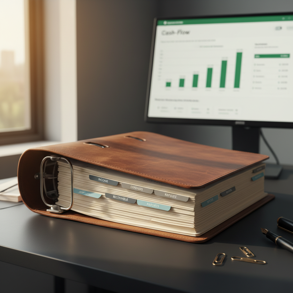 A close-up, photographic scene of a thick, well-worn business ledger transformed into a beautifully organized binder, with neatly tabbed sections in muted blues and grays, resting on a matte black desktop. Behind it sits a slim monitor displaying a clean cash-flow statement with green growth indicators, slightly blurred to keep focus on the physical organization. Warm, late-afternoon light from a nearby window grazes the binder’s edges, casting soft, elongated shadows that suggest the end of a productive workday. Shot at a slight angle for depth, the mood is grounded and trustworthy, embodying the transition from chaos to order that professional bookkeeping brings to small and medium-sized businesses.